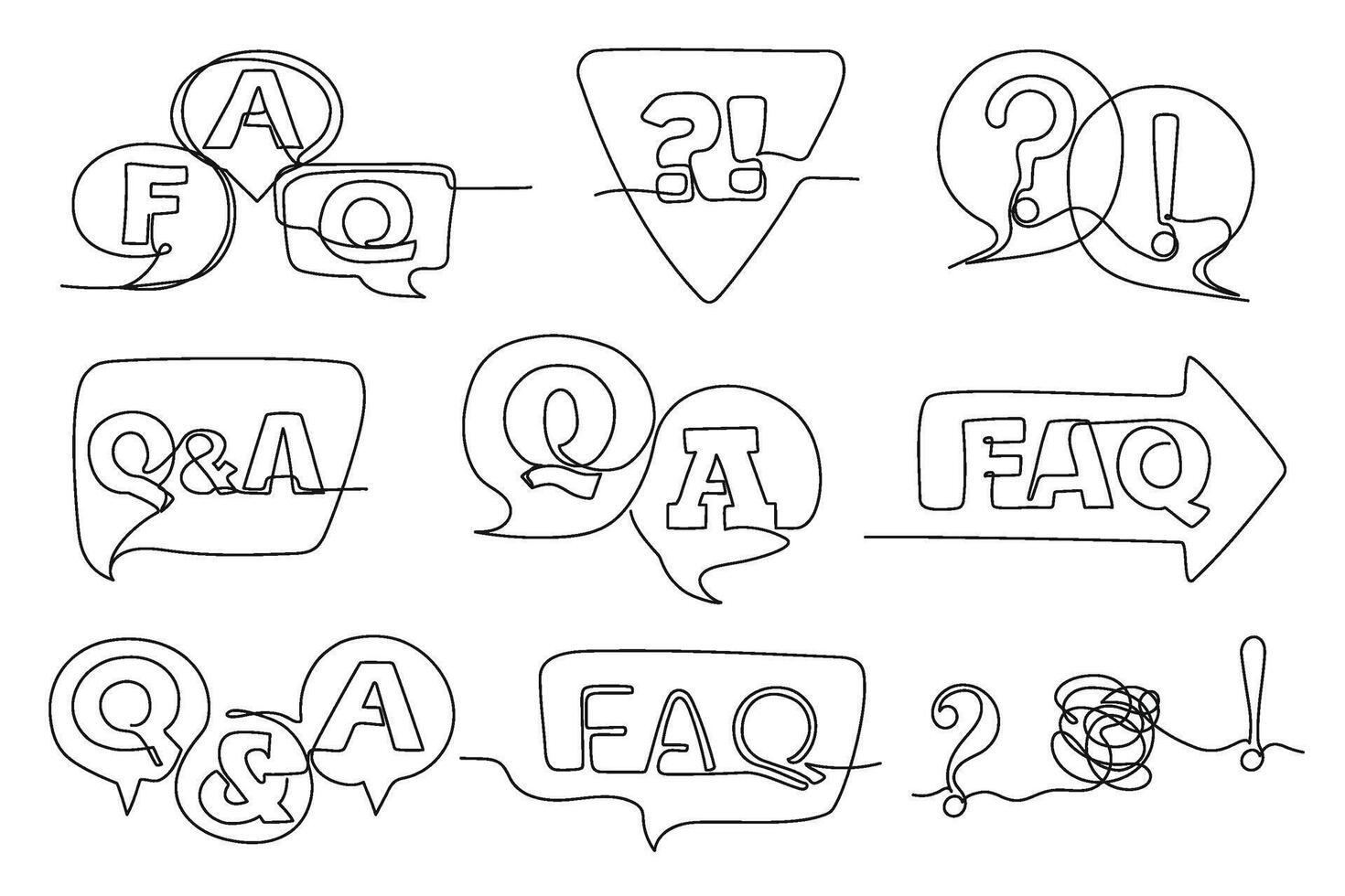 One line FAQ and QA. Hand drawn question and answer, frequently asked questions isolated symbols set. vector