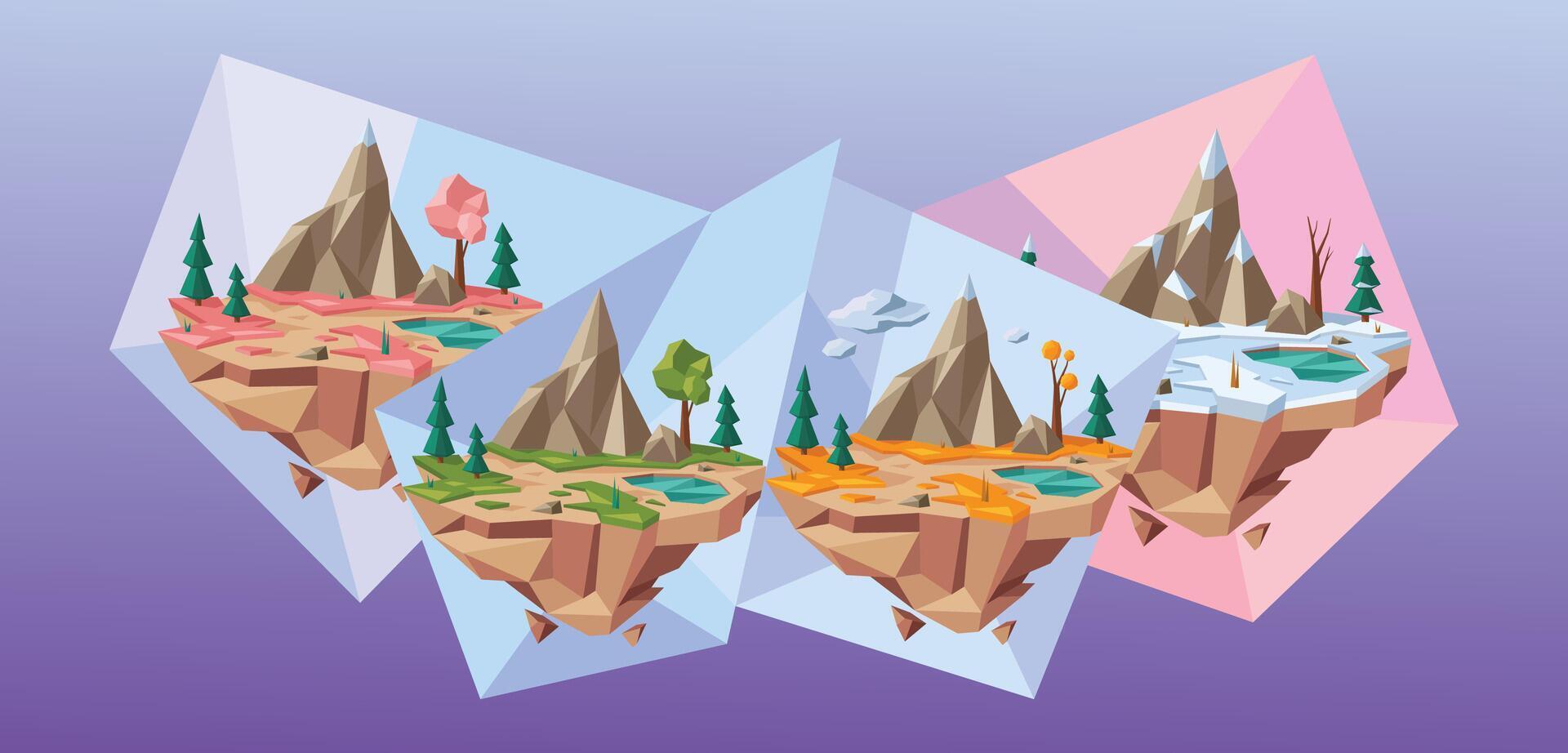 Low poly four seasons landscape. Abstract floating islands represent spring, summer, autumn and winter environments illustration vector