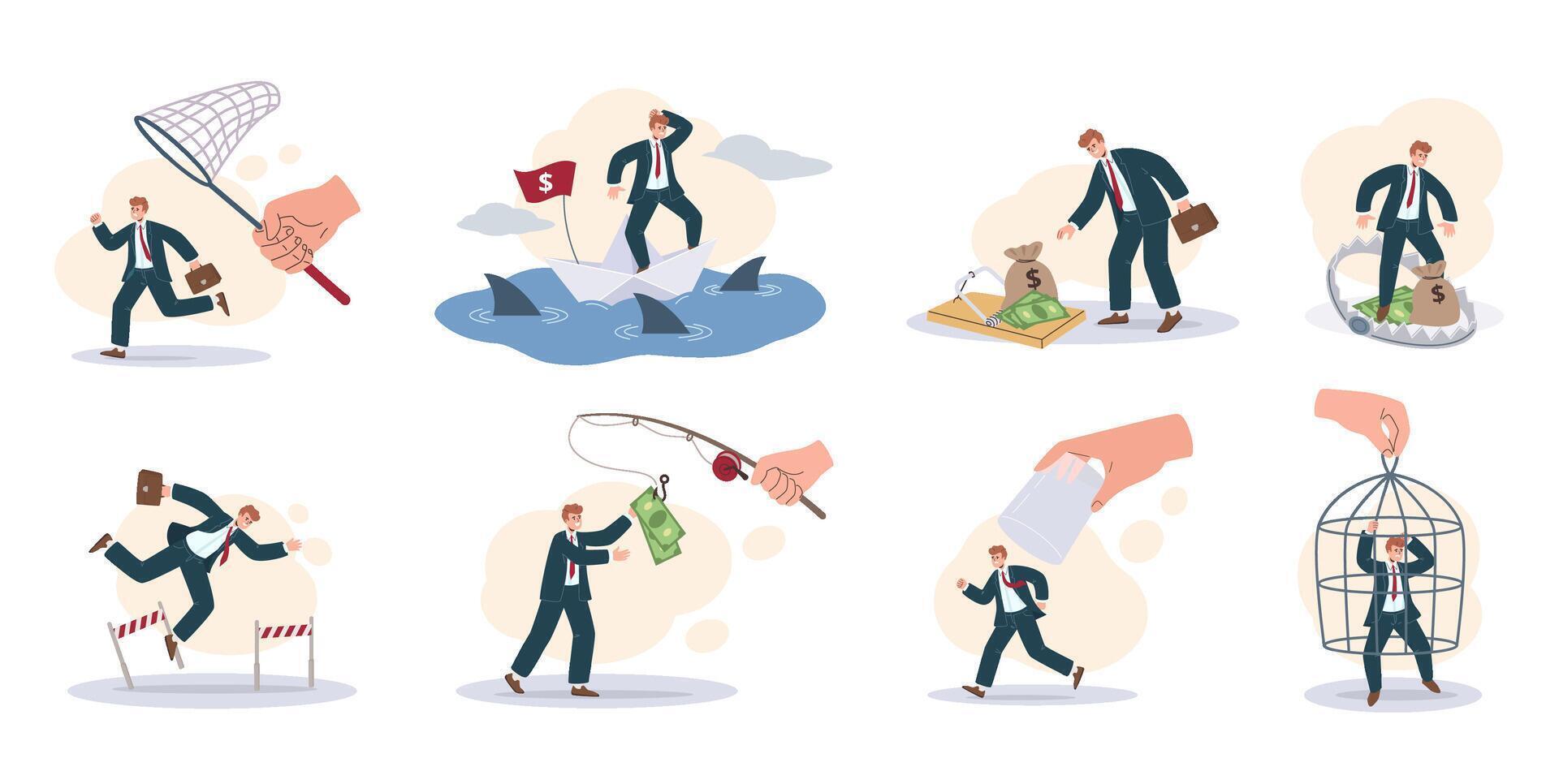 Catch businessman. Business challenges and financial pursuit, money bait trap and economic struggles isolated cartoon illustration set vector