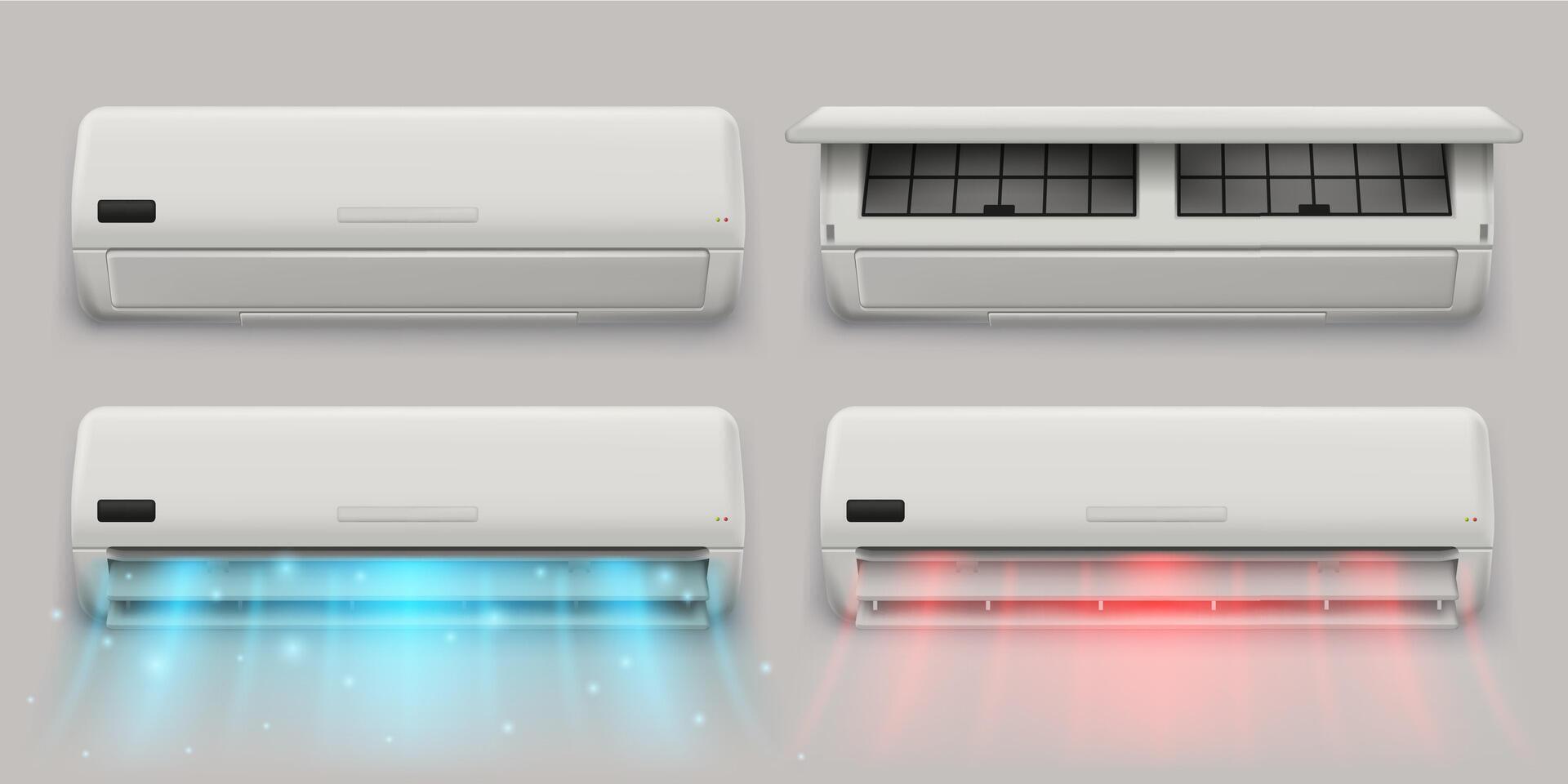 Split system air conditioner. Air conditioning device with open lid, standby and active mod with cooling and heating airflow 3D illustration set vector