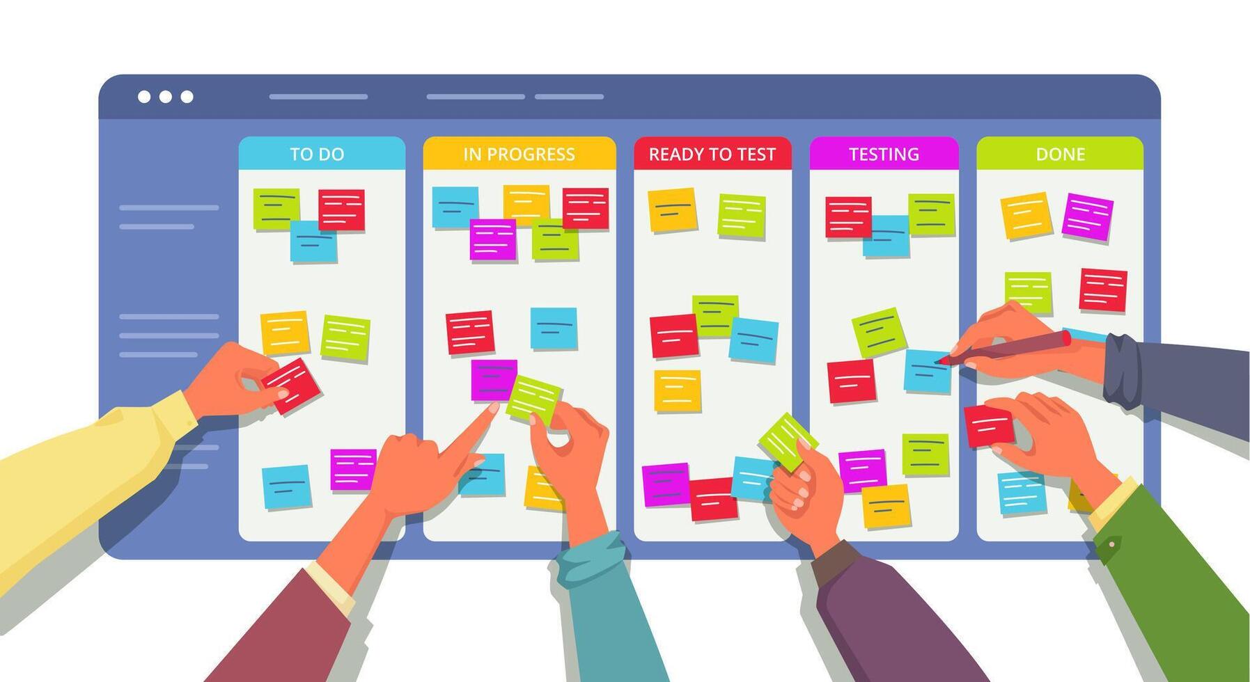 Kanban board with team hands. Agile software development process, project management system cartoon illustration vector