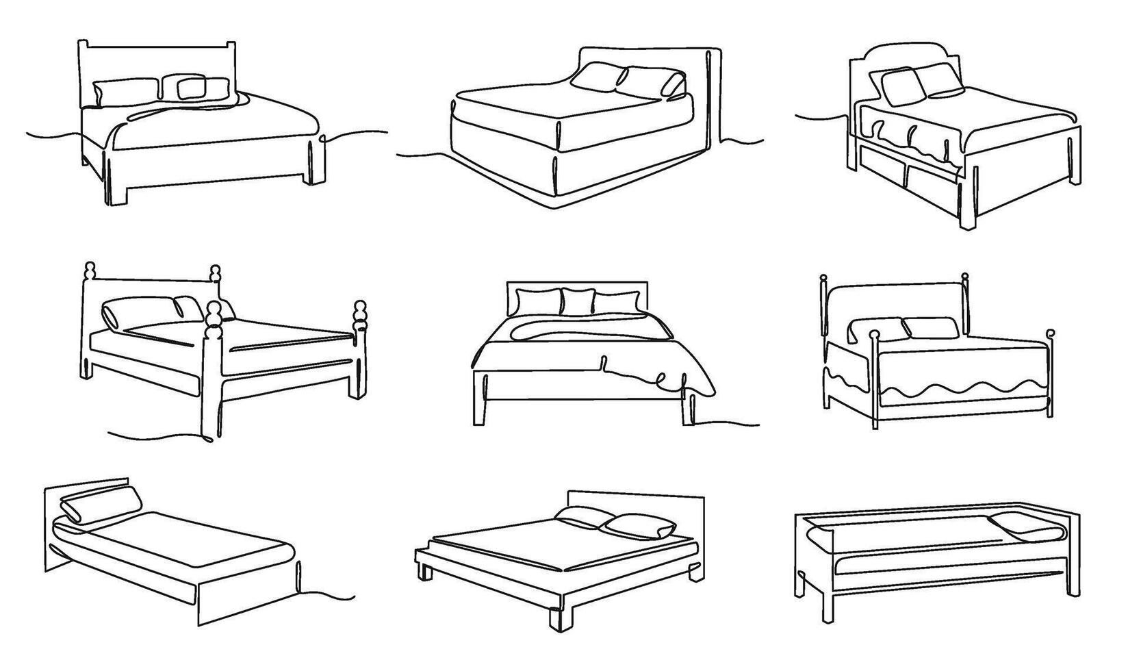 One line bed. Cozy bedroom furniture, minimalist line art single, double and king size beds with pillows illustration set. vector