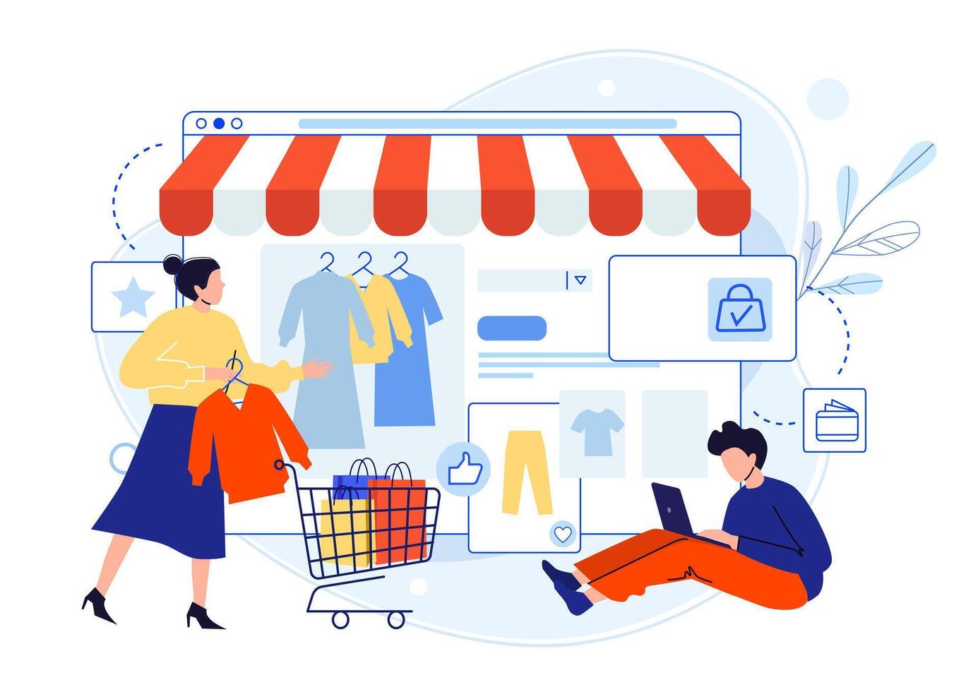Mobile online shopping. Online store selling clothes. Man looking for products in internet using laptop vector