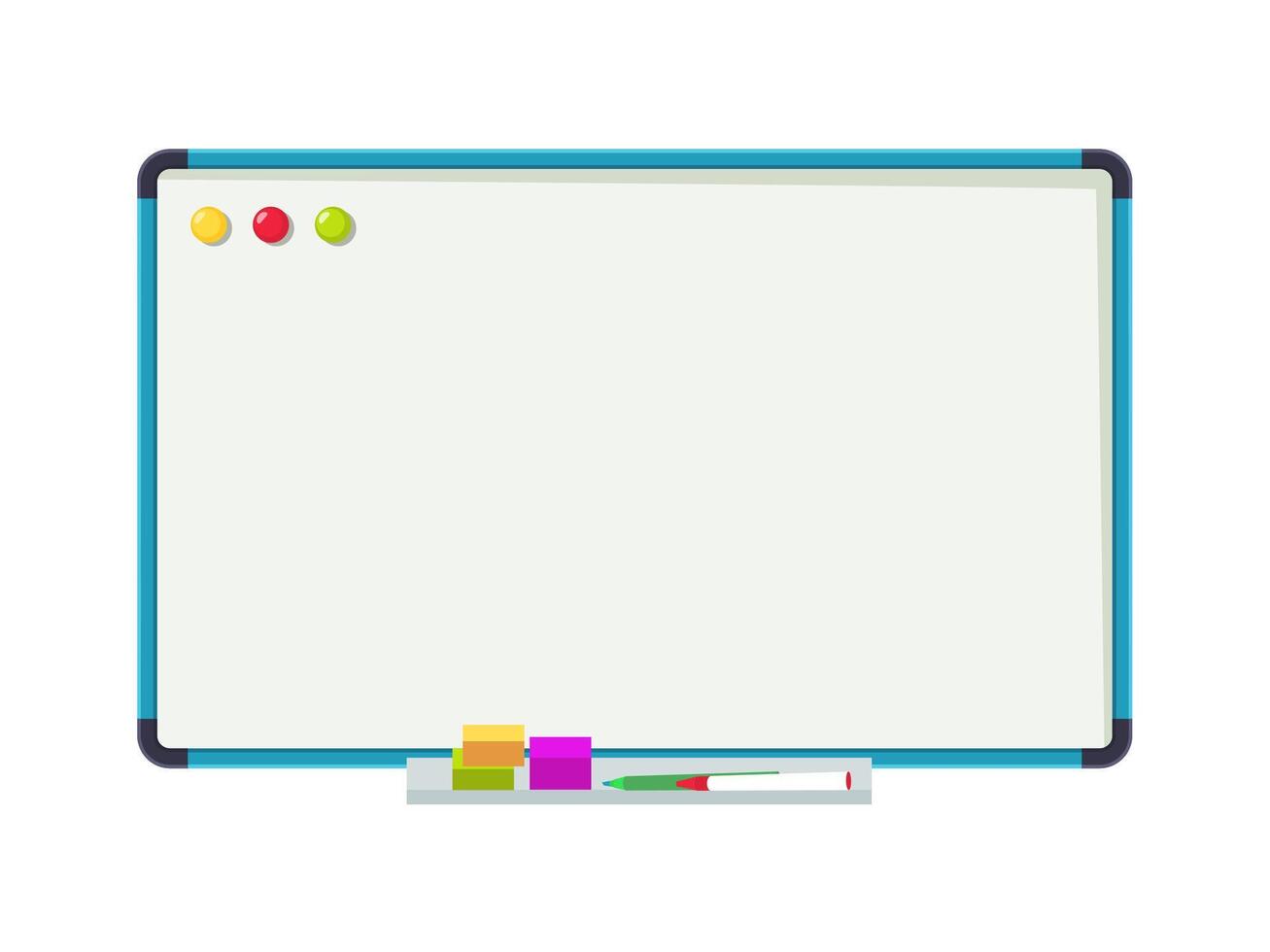 Empty whiteboard. Clean office board with markers and color magnets isolated cartoon illustration vector