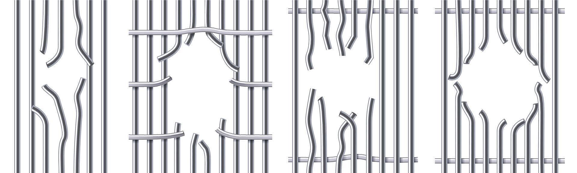 Break prison metal bars. Hole in jail lattice, broken iron cage and jailbreak illustration set vector