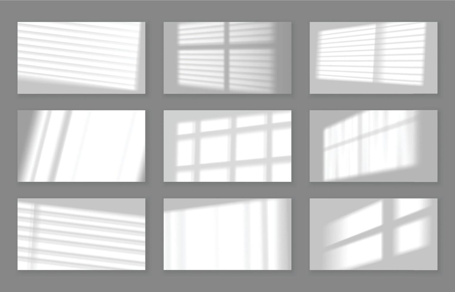 Realistic wall with gobo shadow. Window frame and blinds shadows cast on white studio background, lightning effect overlay set vector