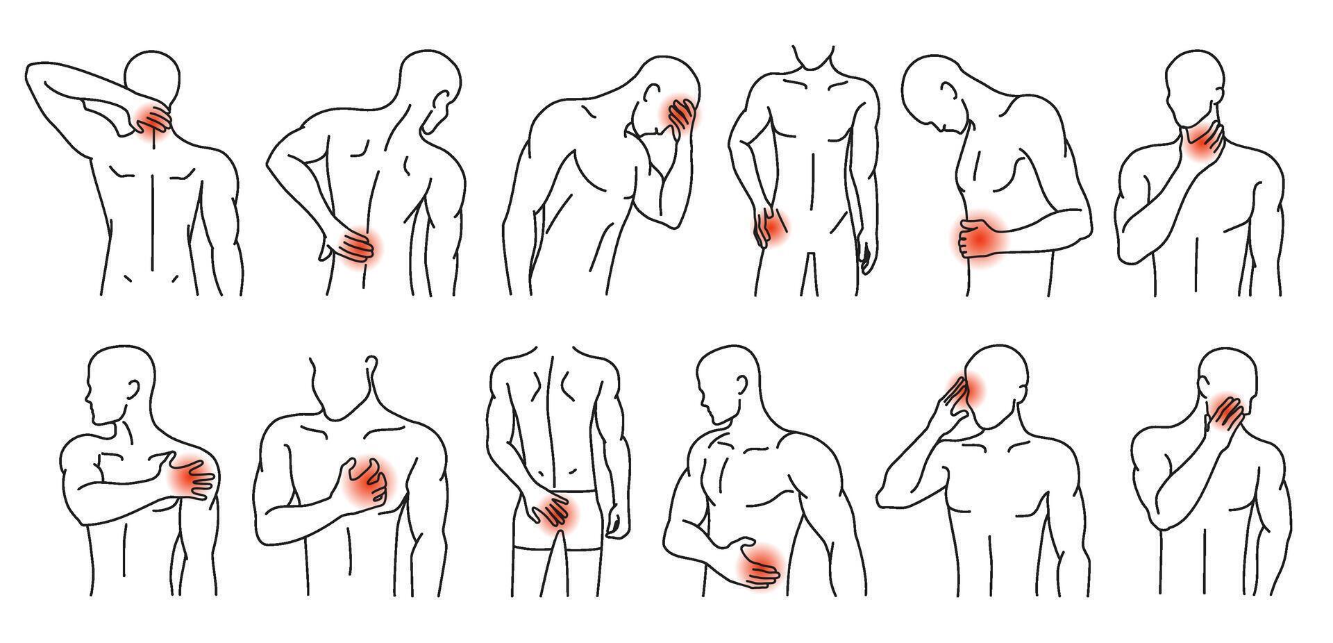 Human body pain spots. Man figures with highlighted areas of pain or discomfort, line art illustration set. vector