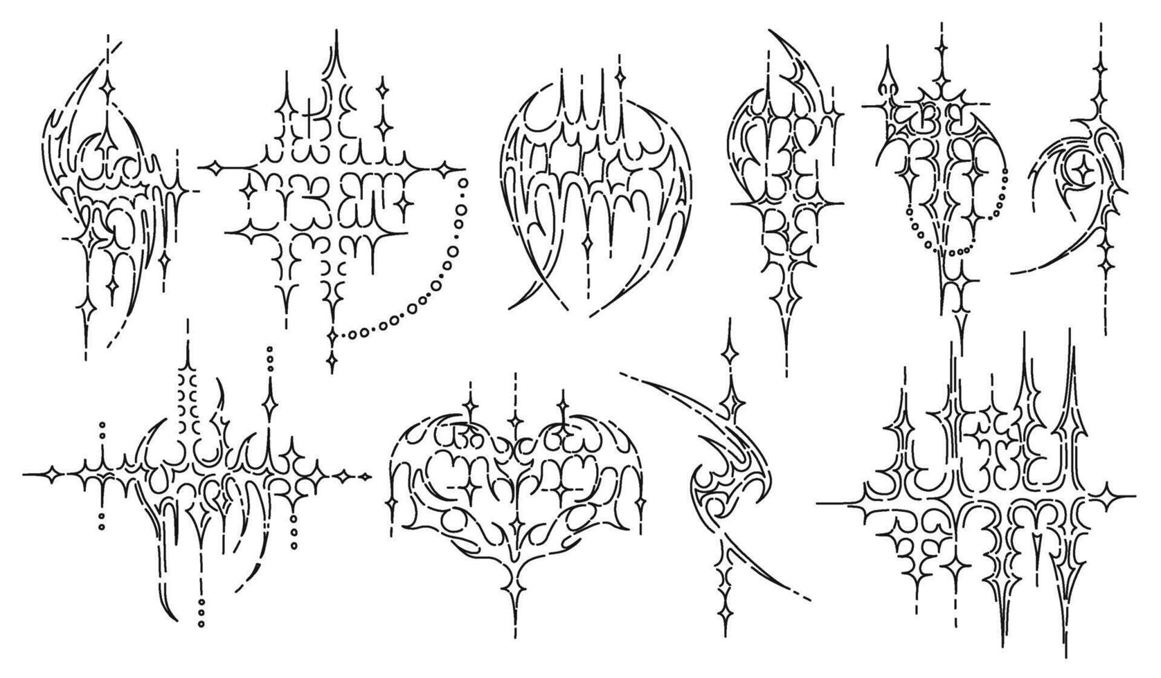 Neo tribal tattoo style shapes. Cyber sigilism spikes and sparks for streetwear print designs, spiky y2k aesthetic set vector