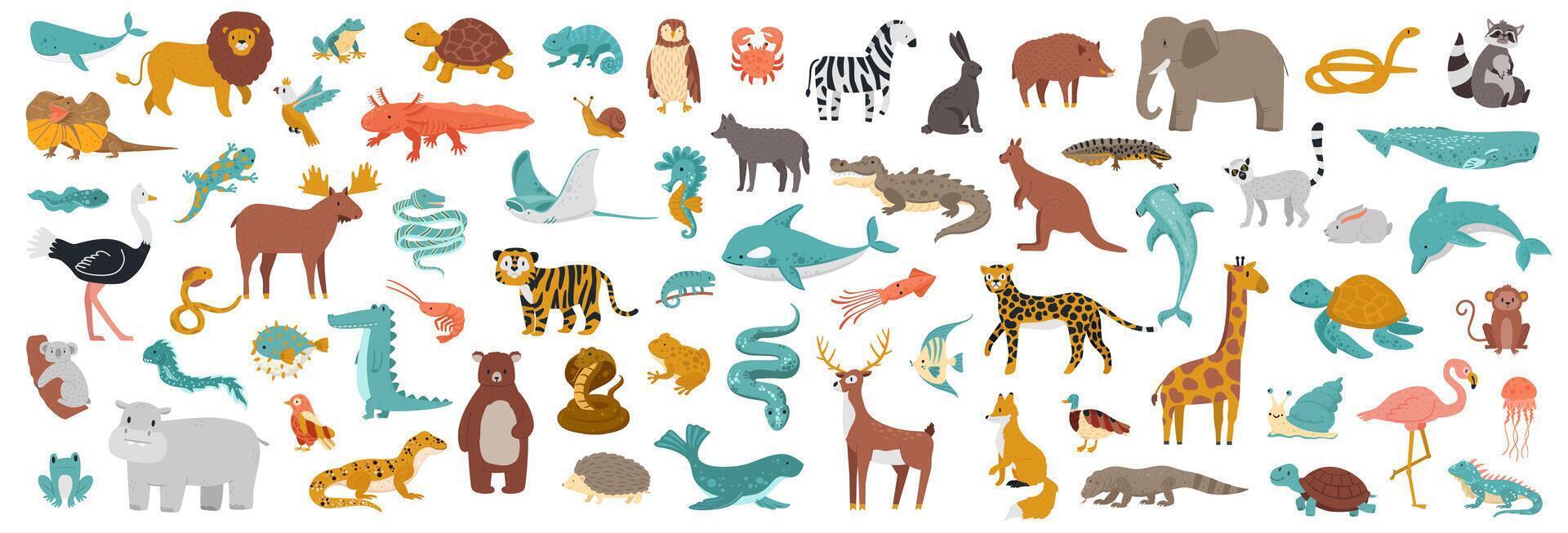 Big set of animals. Domestic and wild fauna. Cute characters as reptiles, birds, fish and mammals. Exotic flamingo vector
