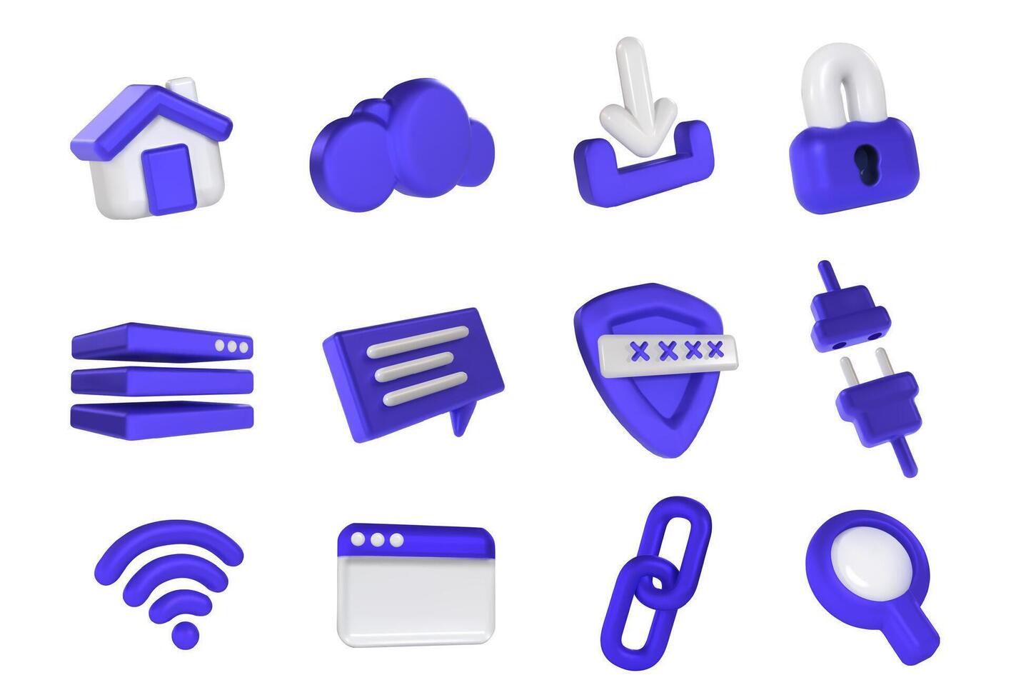 Internet 3d icons. Web browser and network security, cloud server, wireless connection and online communication illustration set vector