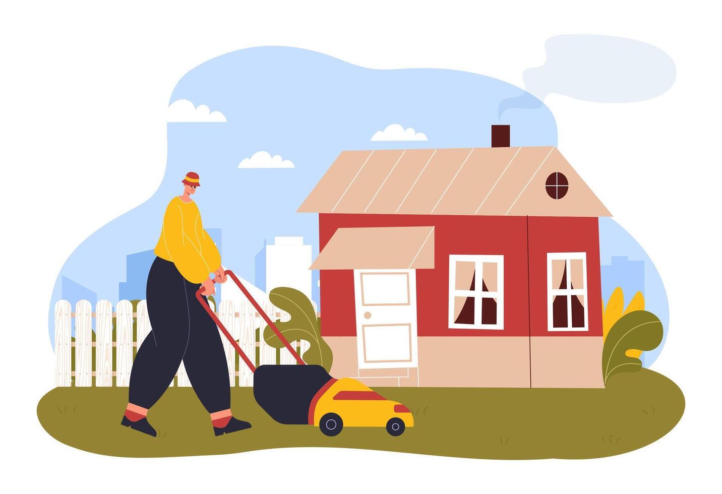 Gardener man mowing lawn mower. Cartoon man cutting grass on backyard of house with equipment. Garden maintenance vector