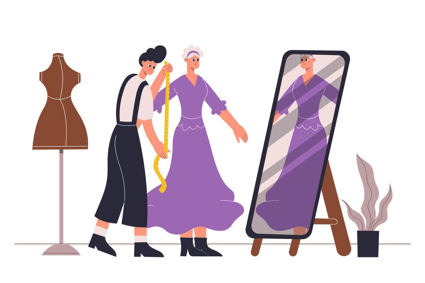 Fashion atelier workers, tailoring and sewing clothes vector