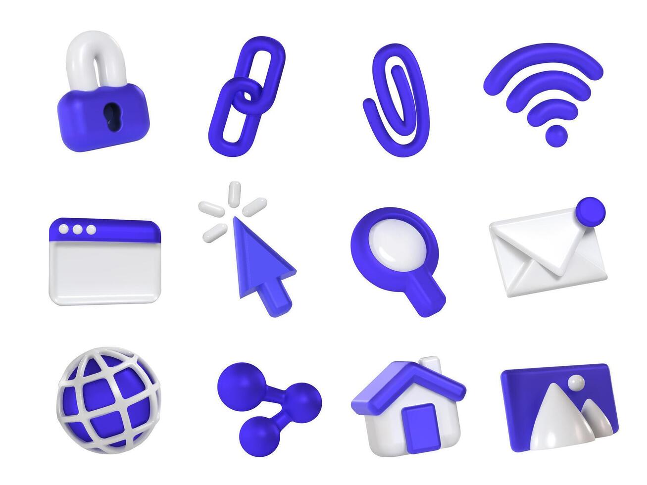Internet 3d icons. Security padlock, web chain link, browser window, cursor click, search magnifying glass, email envelope, wireframe globe, share icon set vector