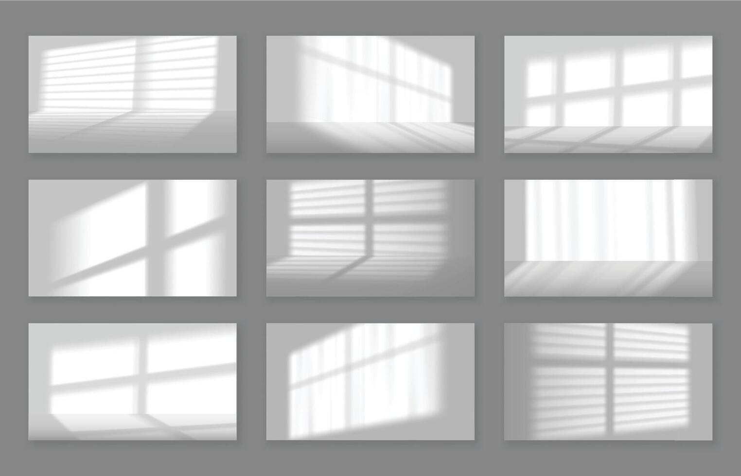 Realistic studio shadow backgrounds. Natural lighting effect shadows cast by window frames and blinds gobo on wall and floor set vector