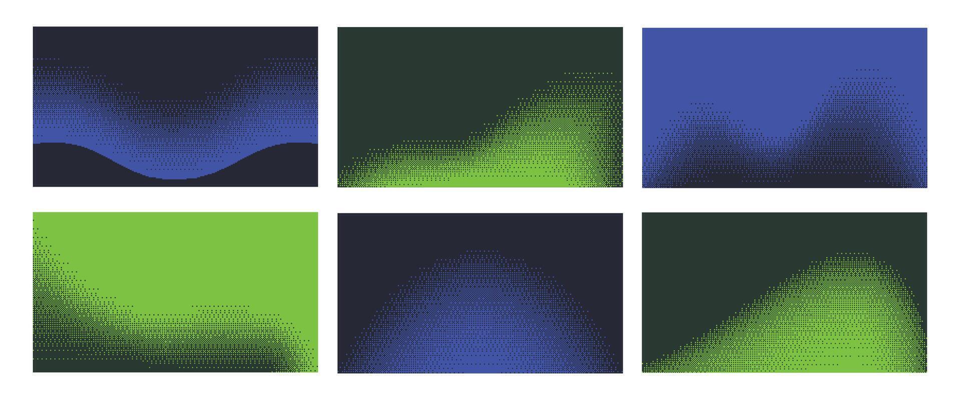 Dithering pattern wave background. Bitmap dynamic backdrop, pixelated duotone and wavy digital wallpaper set vector