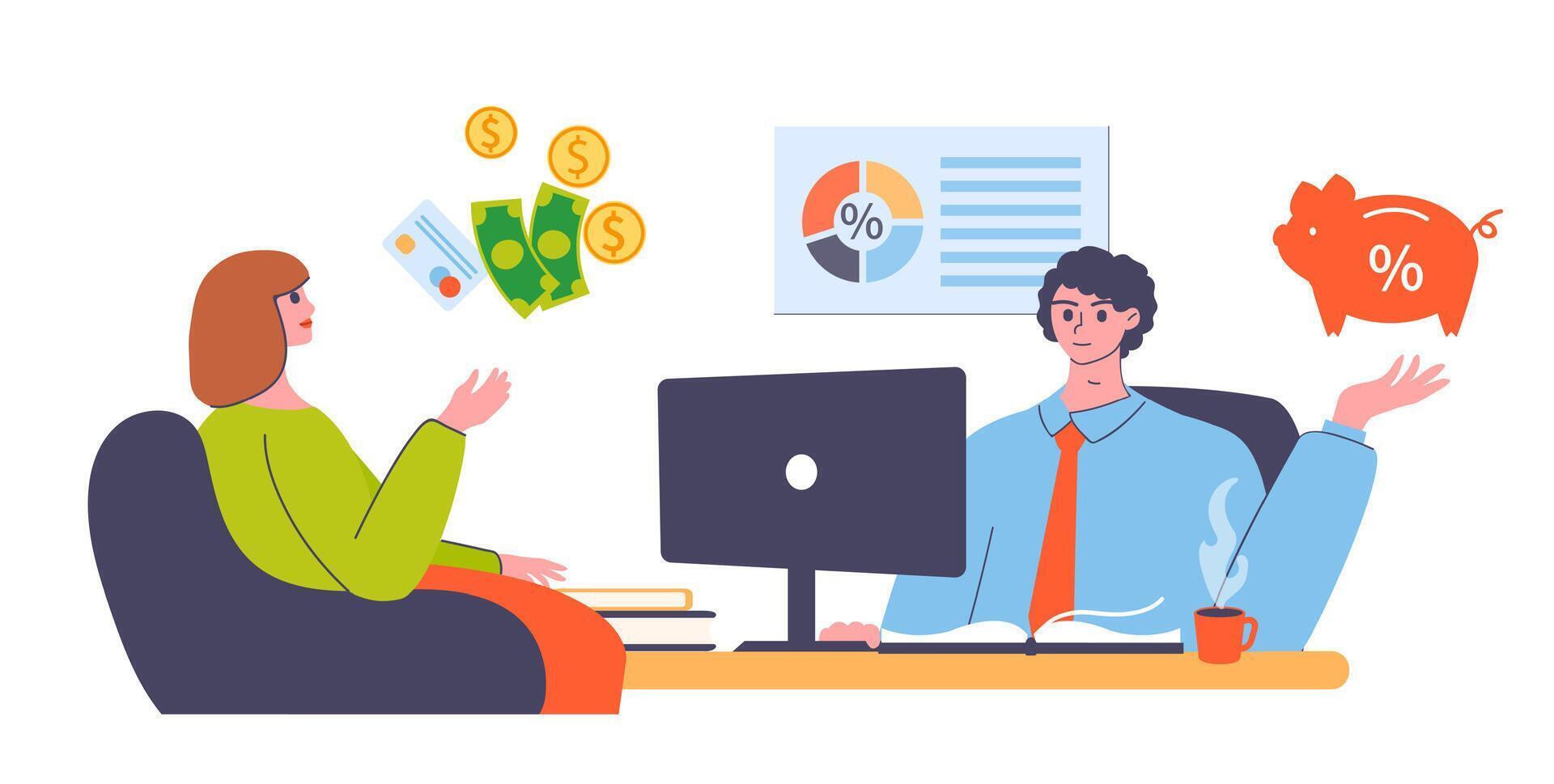 People money save, success financial investment concept. Woman client coming to bank, opening savings account vector