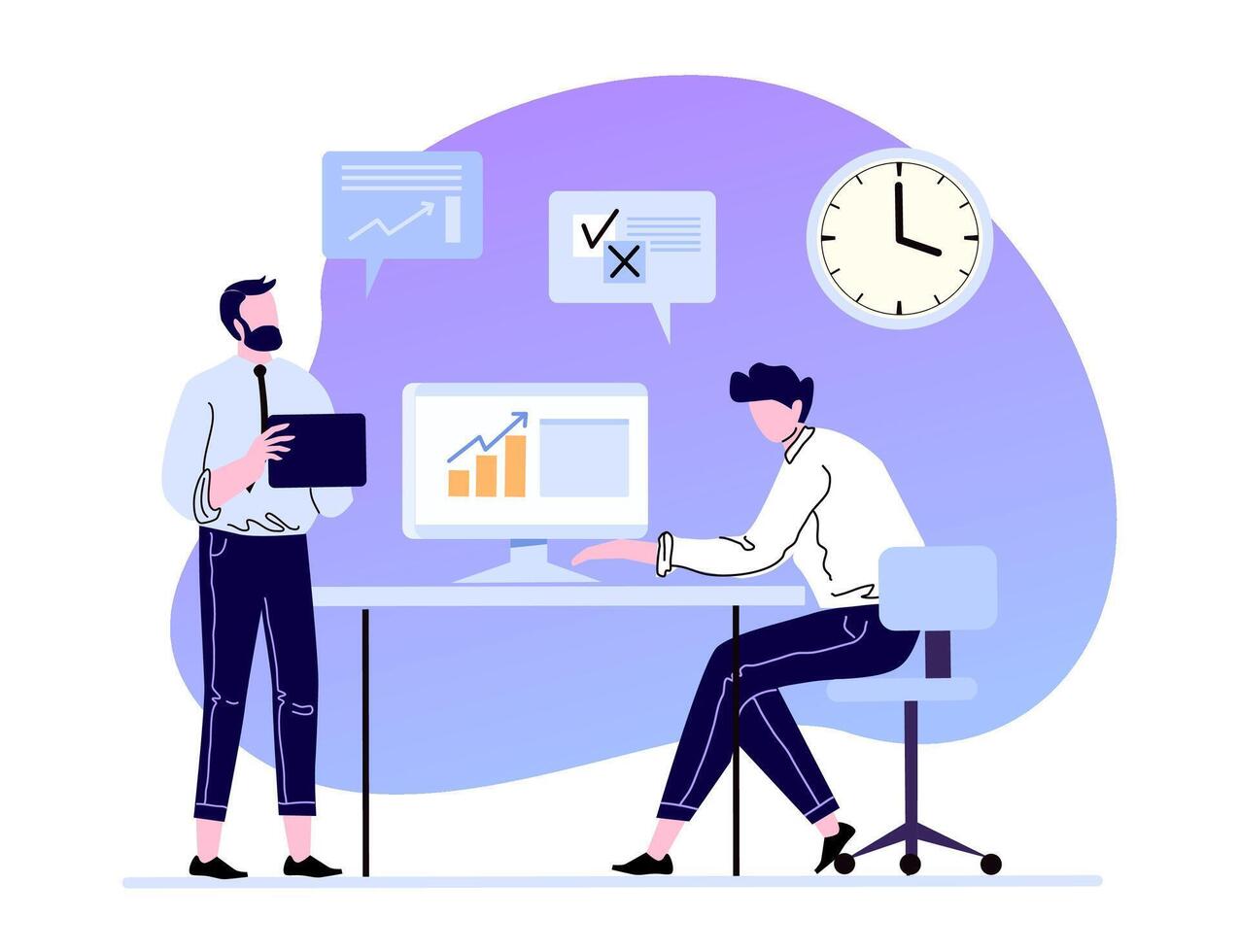 Professional business communication and working management. Man working at desktop computer, preparing financial report vector