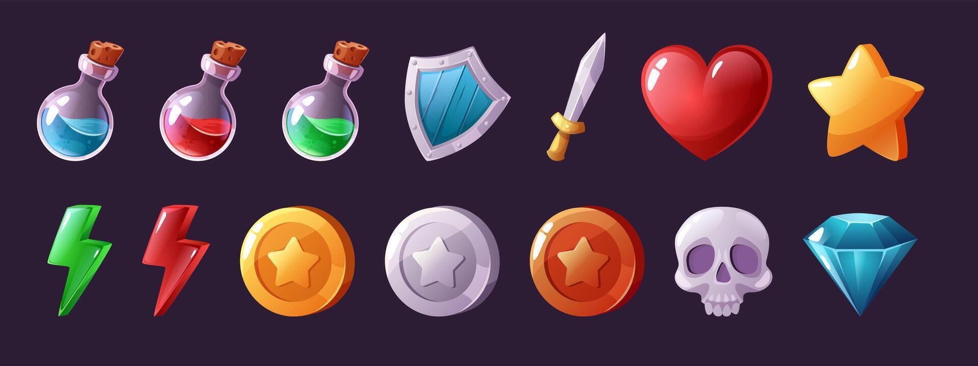Cartoon game icons. Potion vials and magic elixirs, health heart and power lightning bolt, coins and diamond isolated illustration set vector