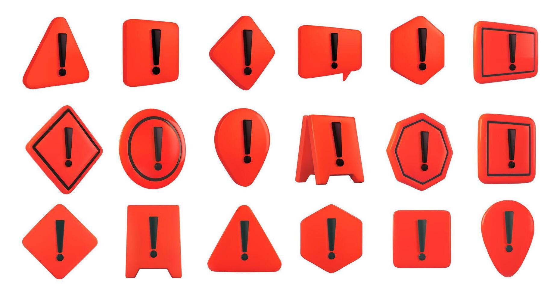 Red 3D warning signs. Hazard danger symbols with exclamation marks, emergency caution safety icons and attention alert signs illustration set vector