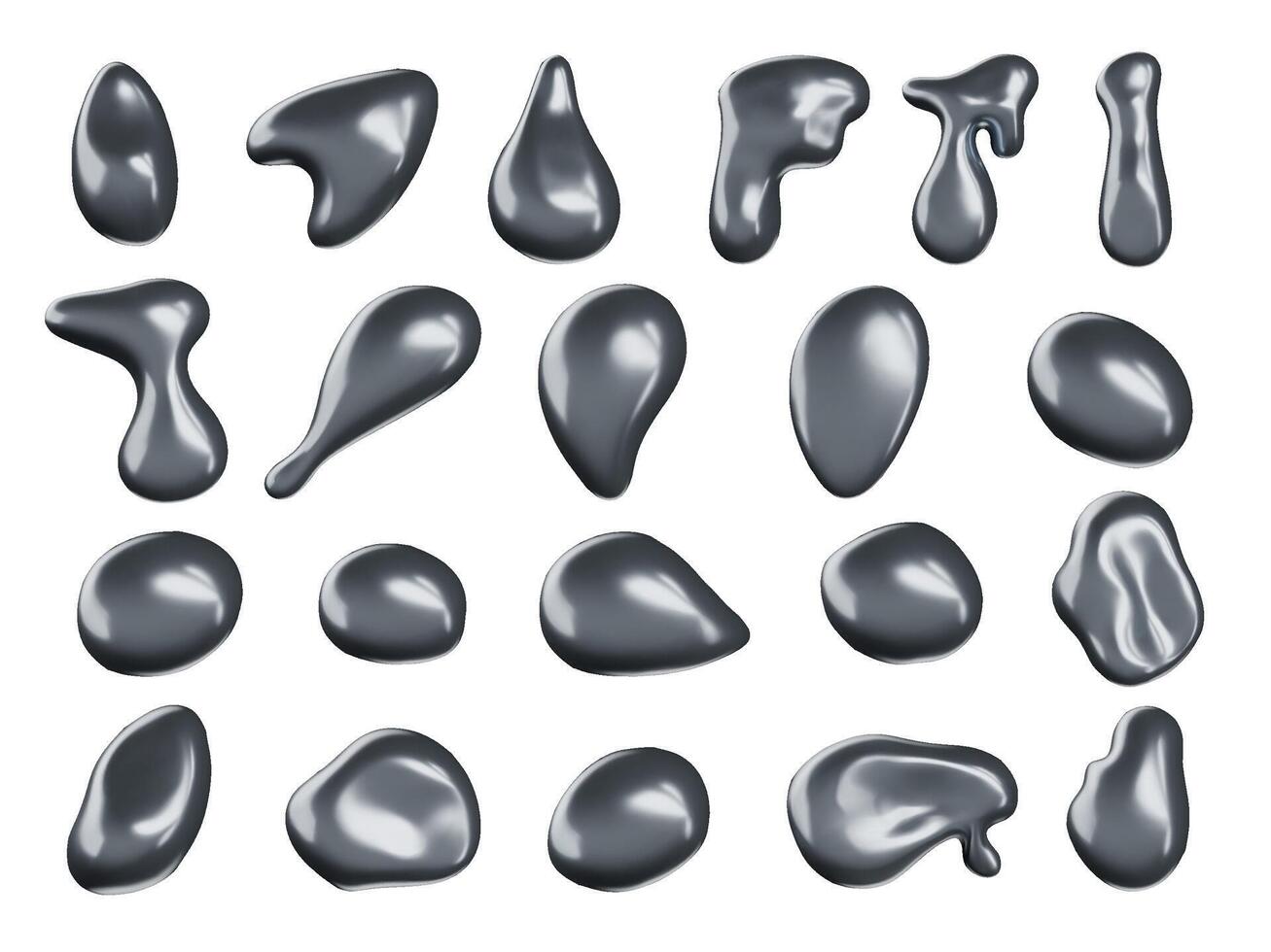 Liquid chrome elements. Melted metal shapes, abstract silver droplets and metallic blobs. Molten titanium reflective surface fluid isolated illustration set vector