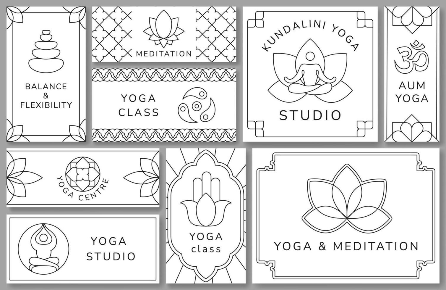Yoga studio templates. Lotus flower, meditation and harmony balance flyer and banner design layout with line art illustration set vector