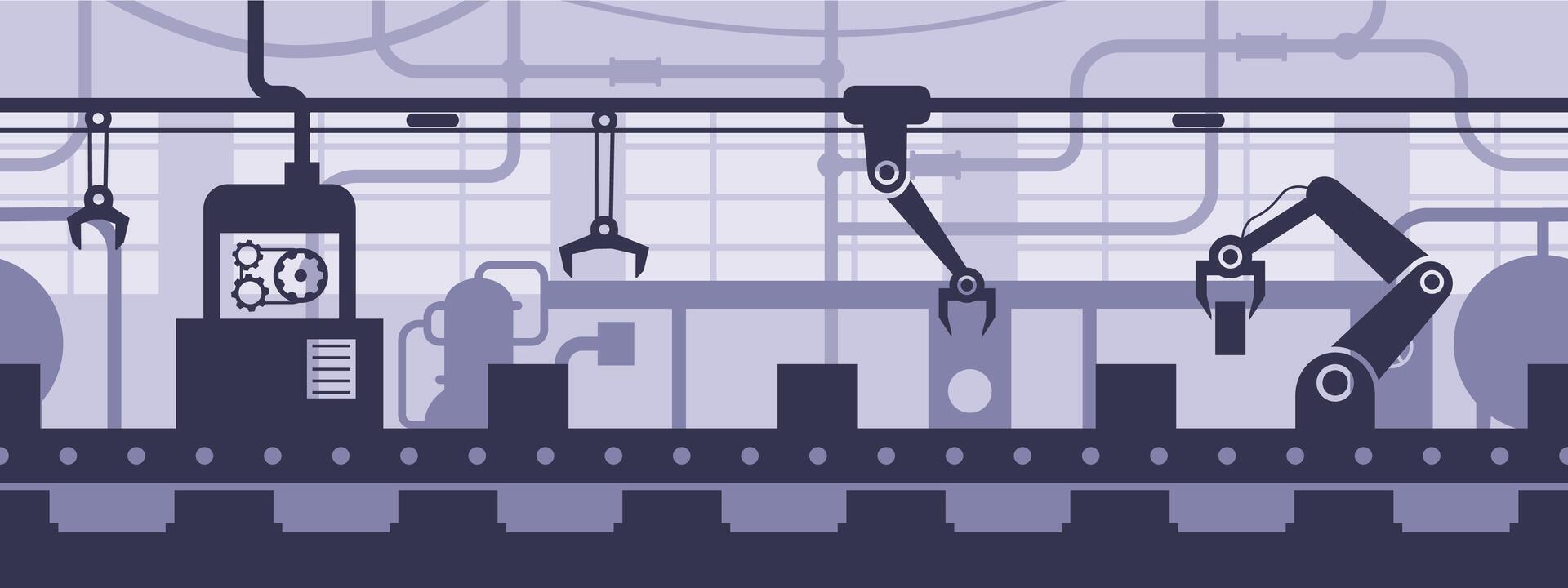 Factory interior conveyor line. Assembly line with conveyor belt, automated production process seamless background illustration vector