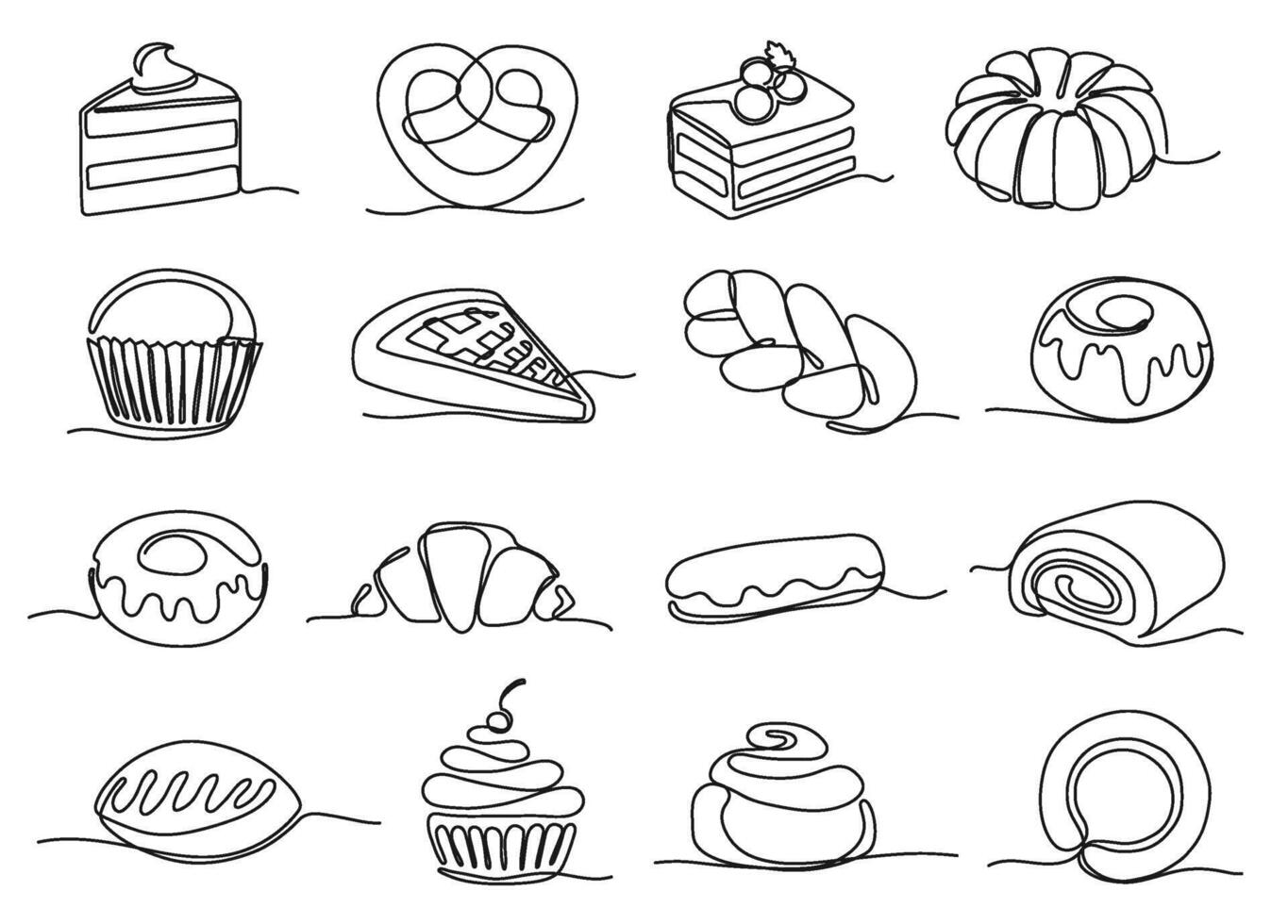 Continuous one line sweet bakery. Pastry and dessert icons illustration set with editable stroke paths vector