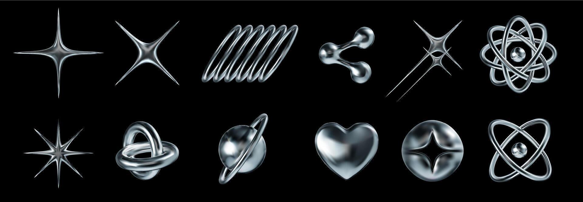 Liquid chrome y2k icons. Abstract shiny metallic shapes star rays, atomic orbit and molecular structures 3D elements set vector