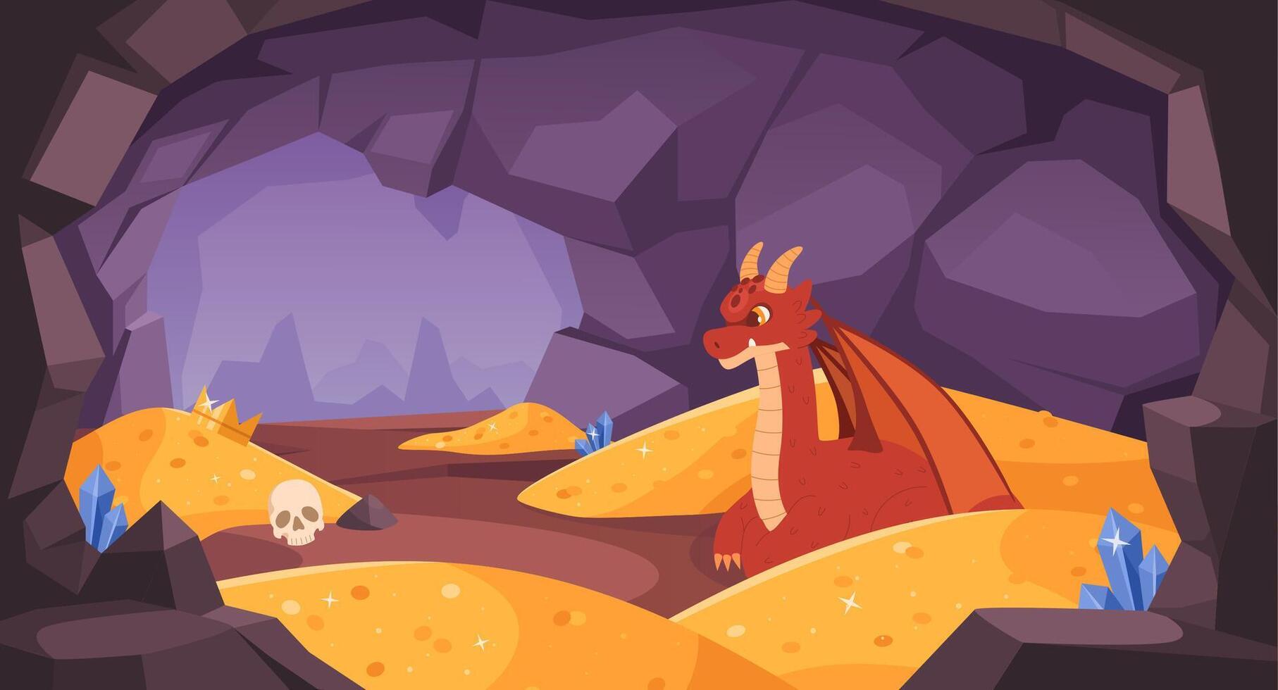 Dragon cave. Magical red dragon guards glittering gold coins piles in mysterious treasure cave. Fantasy illustration vector