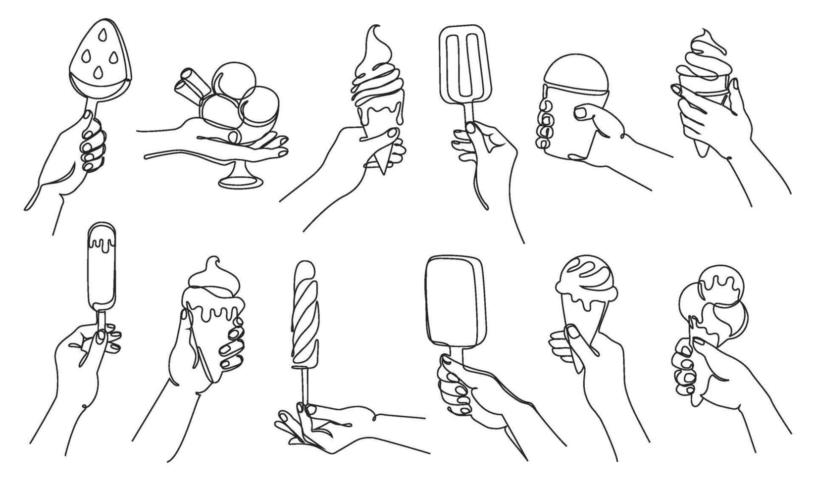 Hand with ice cream. Continuous one line hand holding cones, popsicles and sundaes ice creams illustration set with editable stroke paths vector