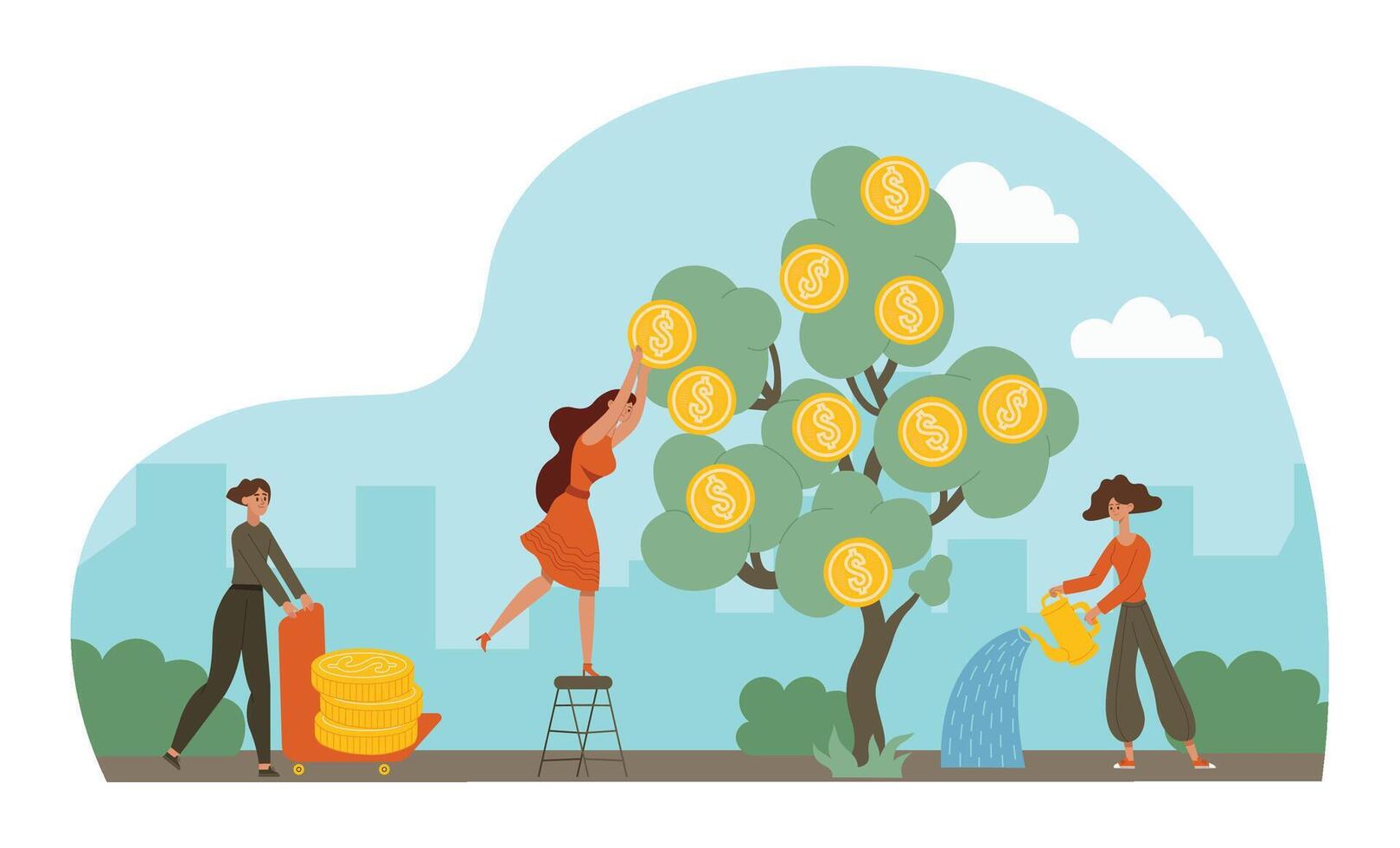 Money investment, finance savings earnings profit tree vector