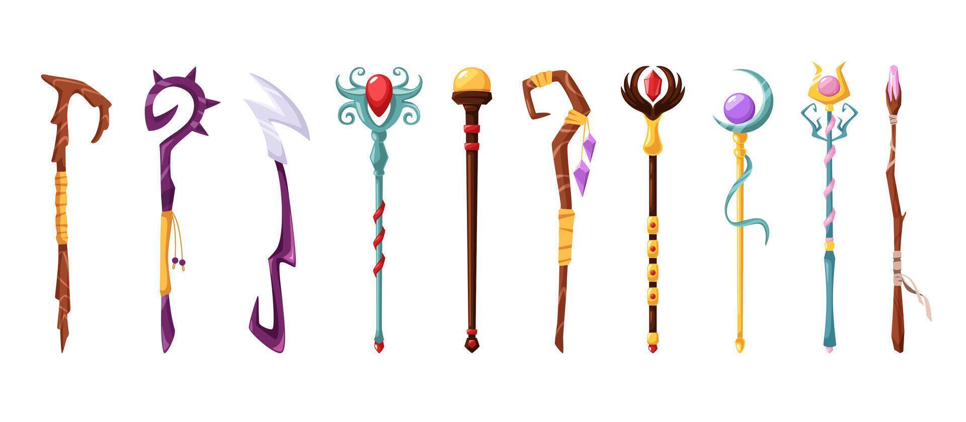 Magic wizard sticks. Magical staff, wizard weapon and shaman wands cartoon fantasy game assets isolated illustration set vector