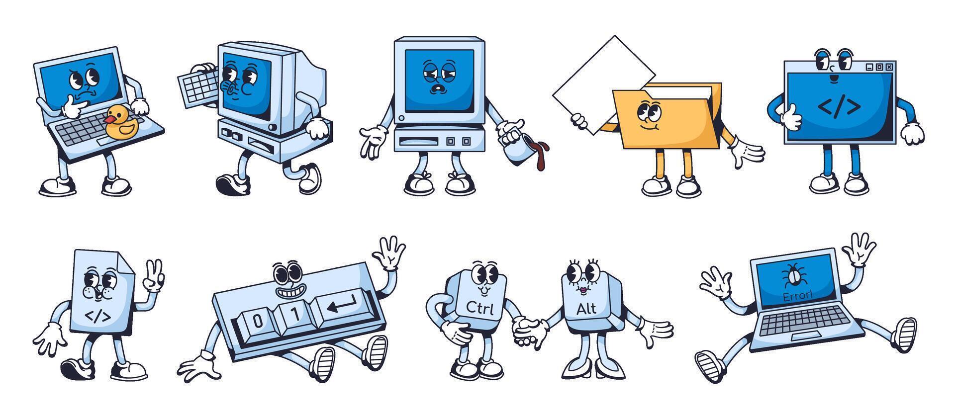 Computer code mascots. Programming characters, code file and terminal, binary keyboard, bug error, laptop and pc illustration set vector