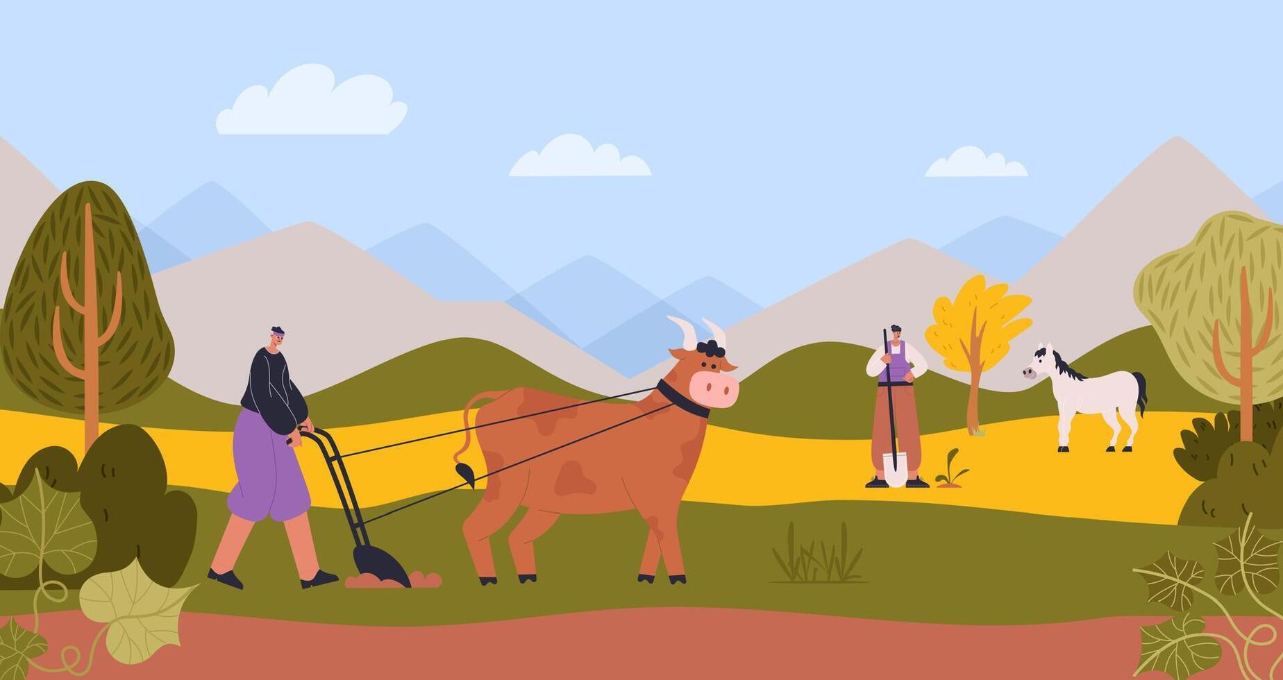 Farmer characters at farm agriculture and farm animals vector