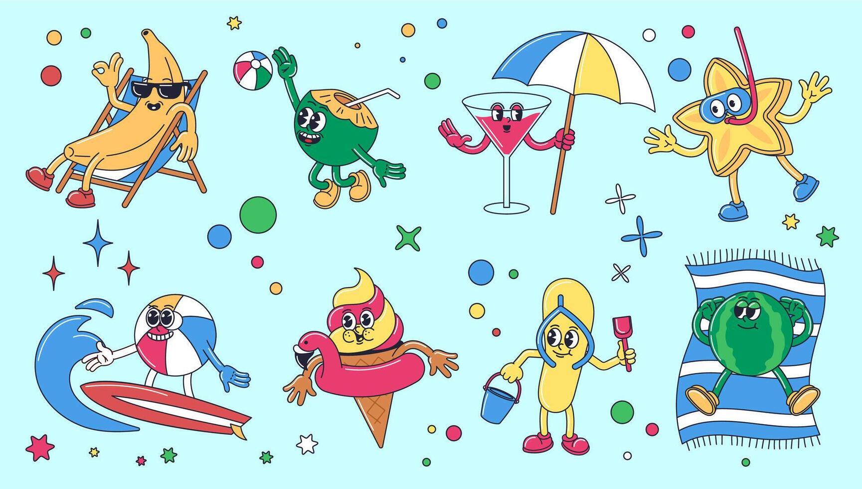 Cartoon beach mascot. Summer fun characters for vacation marketing or beach party event design. Retro 1930s style illustration set vector