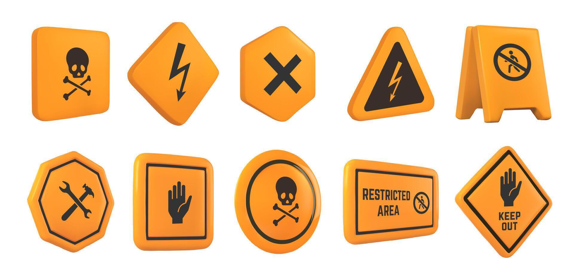 Caution 3D signs. Hazard warning, safety and caution symbols. High voltage, do not enter, and restricted area sign illustration set vector