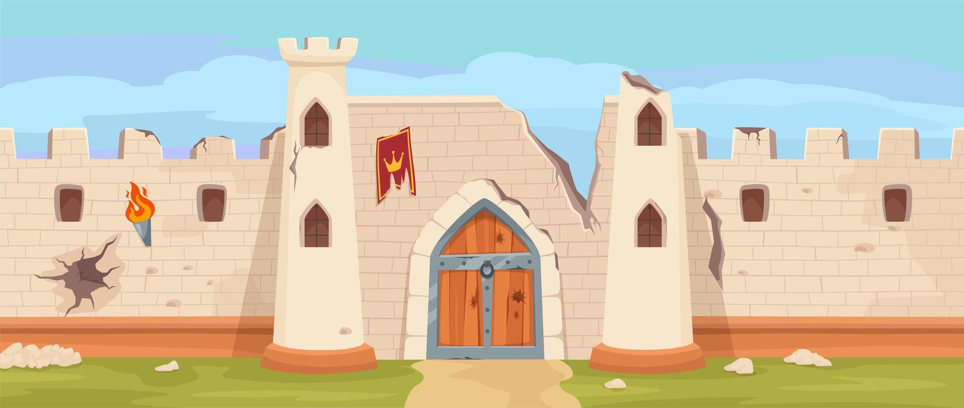 Broken medieval castle stone walls. Damaged fortress gate, royal stronghold defense cartoon background illustration vector