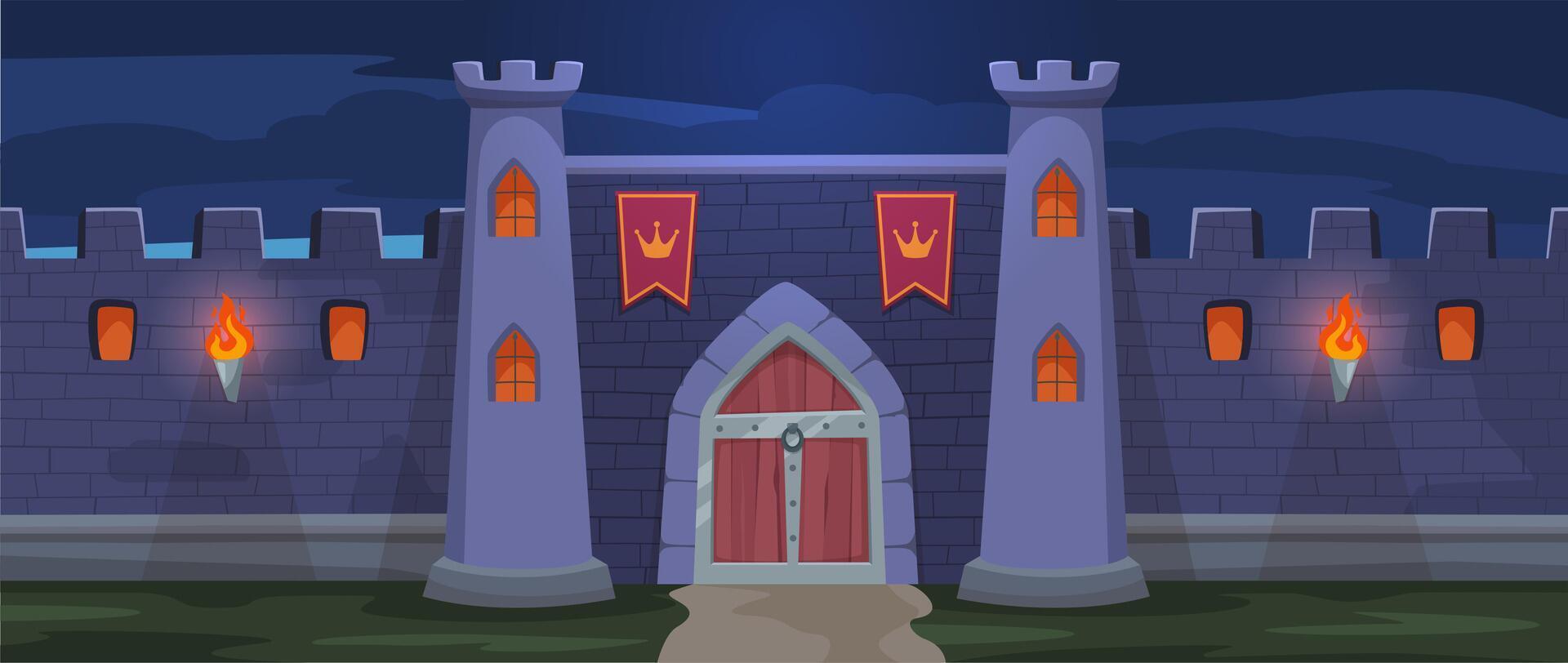 Night medieval fortress gate. Nocturne fantasy kingdom entrance, royal stronghold cartoon background illustration vector