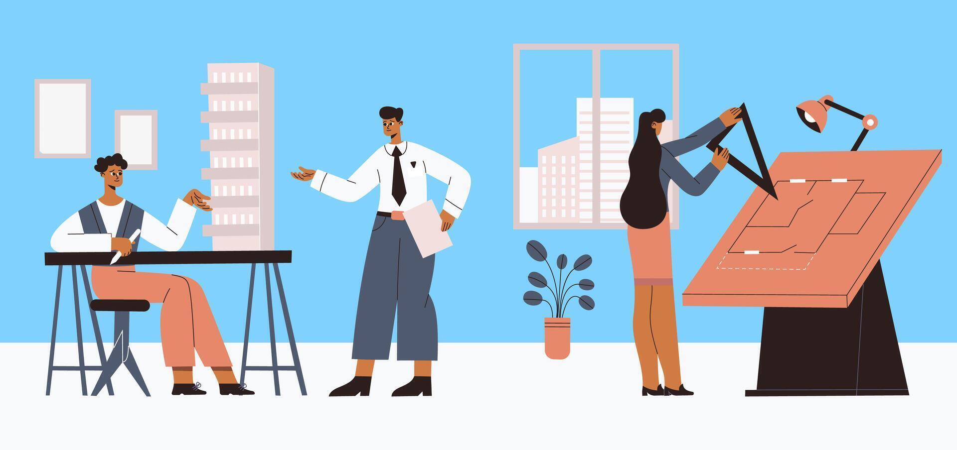 Builders, engineers, architects professional construction team workers vector