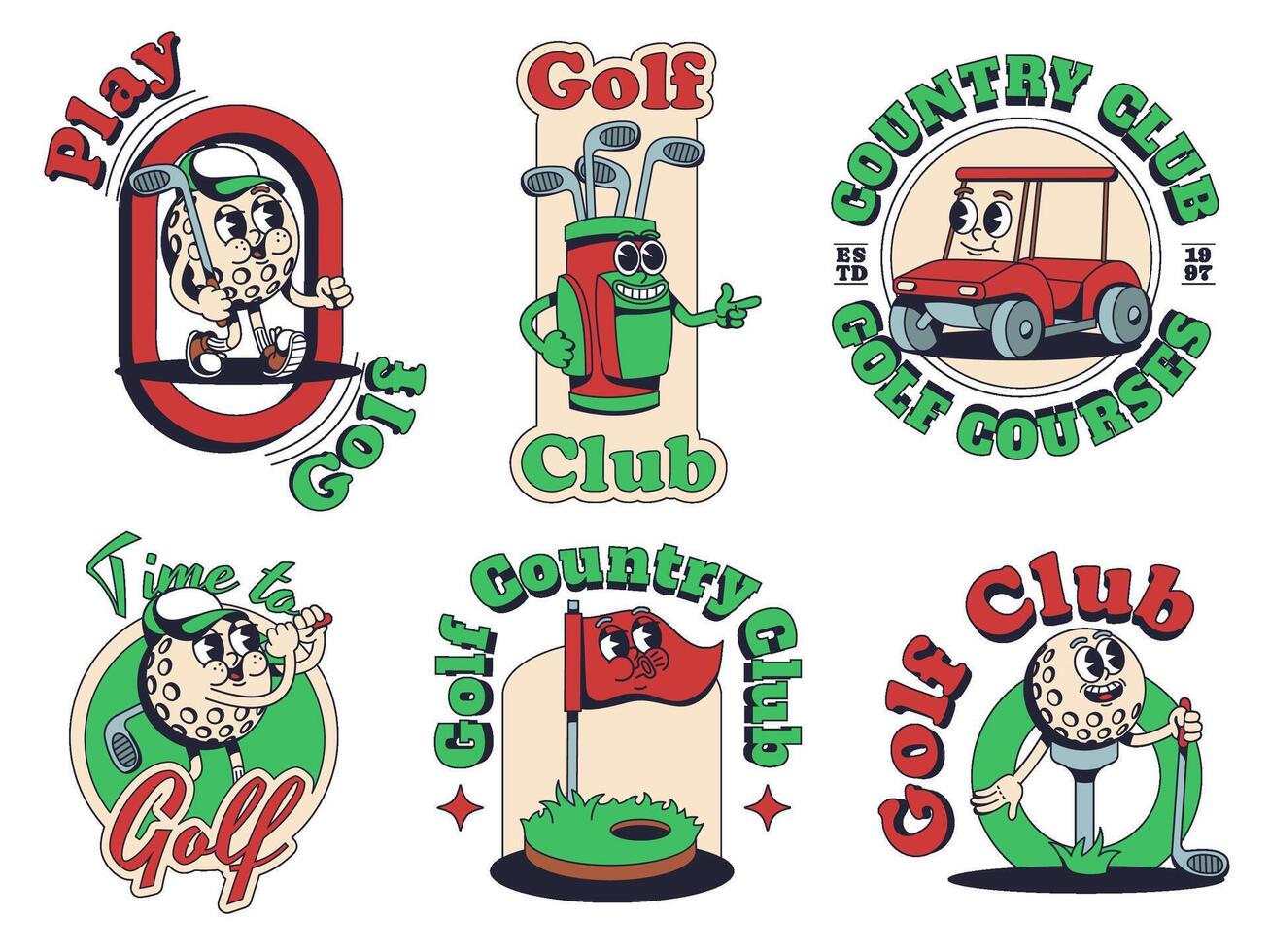 Cartoon Golf mascot print templates. Golf club emblems with ball, bag, cart and hole with flag stickers set vector
