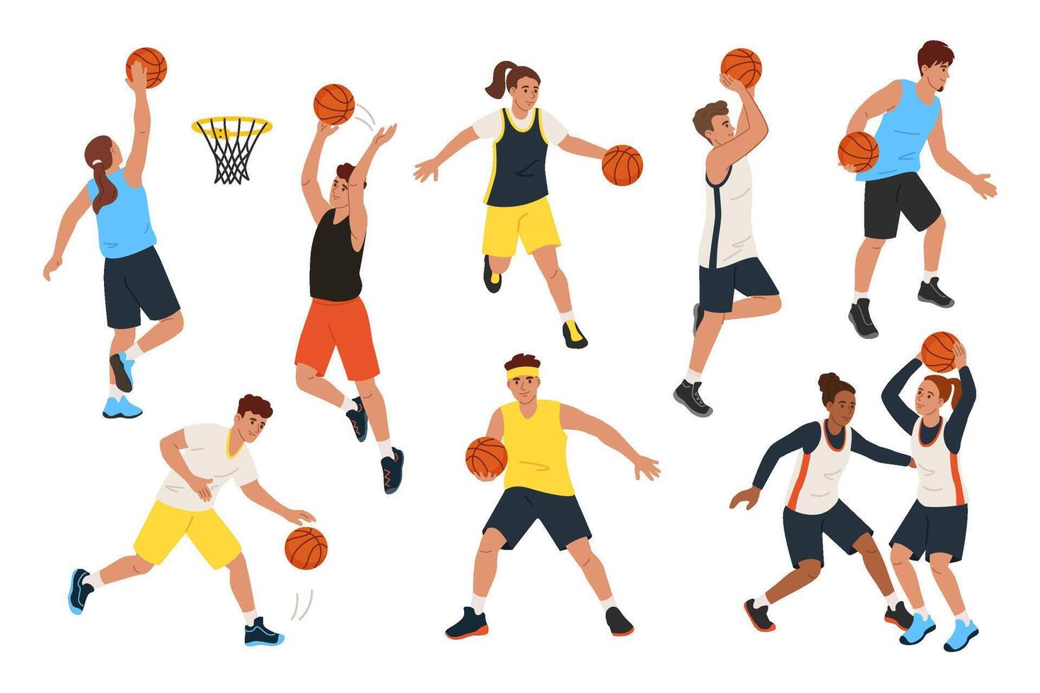 Dynamic basketball players in action. Athletes characters shooting, dribbling and passing the ball illustration set vector