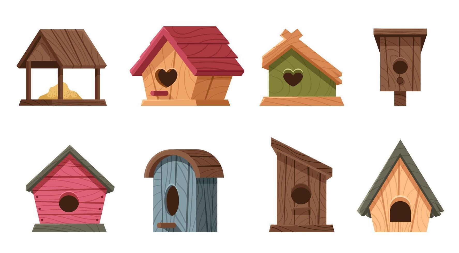 Cartoon wooden bird houses. Rustic avian homes with various designs. Hand made bird feeders of various shapes vector