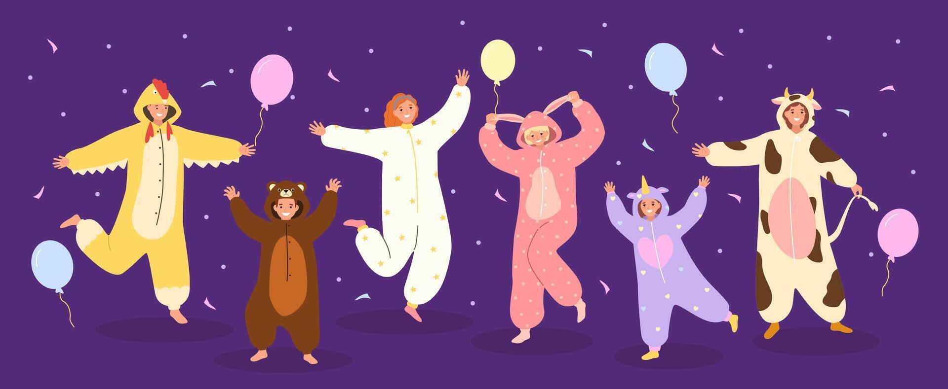 Funny pajama party. Festive celebration with people in animal onesies, kigurumi costumes night celebration with balloons and confetti illustration vector