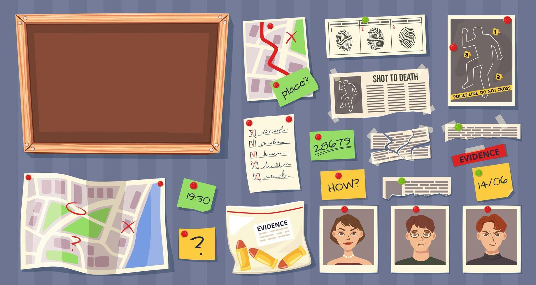 Cartoon detective board elements. Investigation clues and evidence maps, fingerprint records, suspect photos and notes for cork board illustration set vector