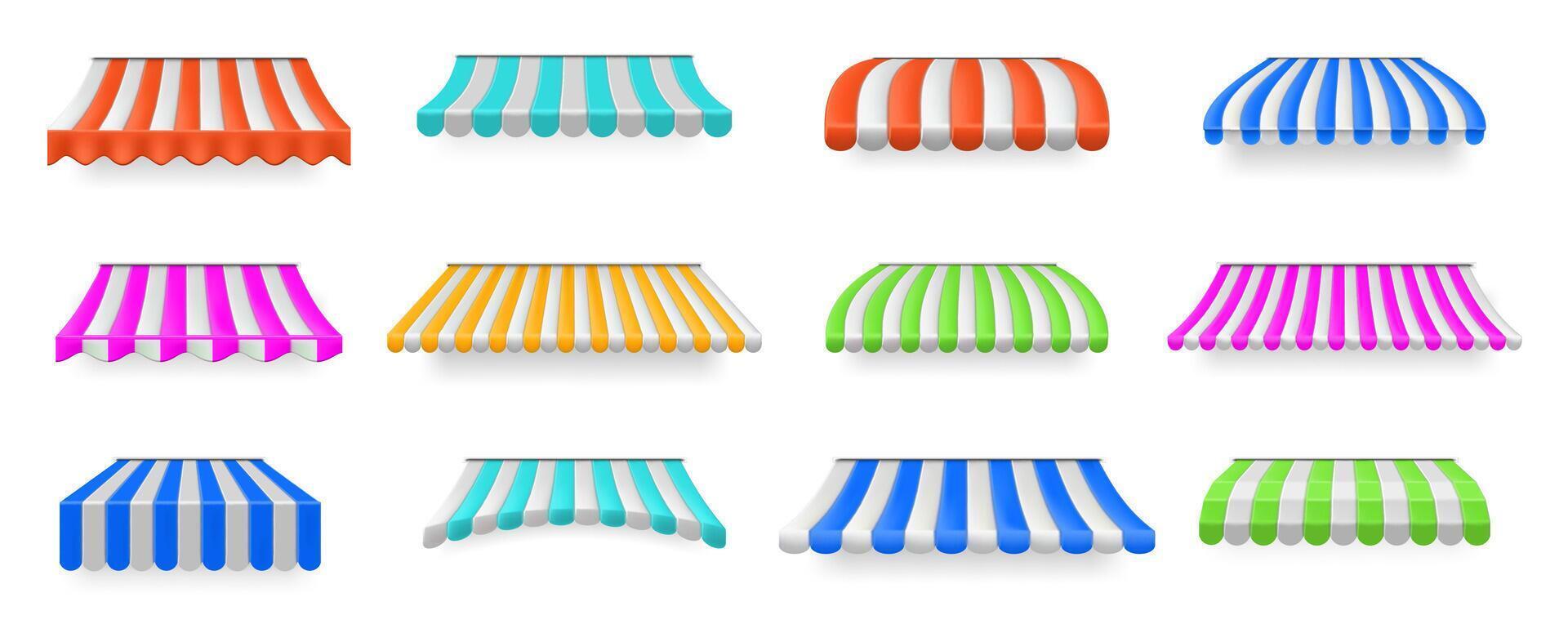 Colorful shop canopy. Striped sunshades for storefronts, market stalls and cafes, 3D awning set vector