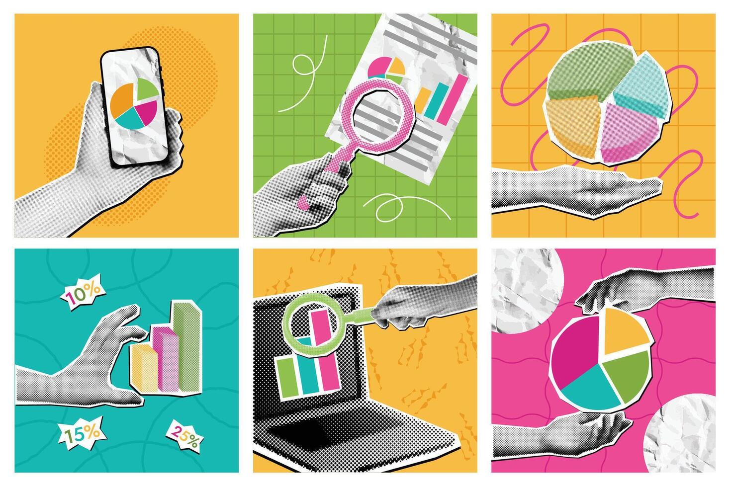 Mixed media research. Halftone data analysis and statistics collage, hands holding pie charts and reports under magnifying glasses set. Business opportunity, exploration and monitoring vector