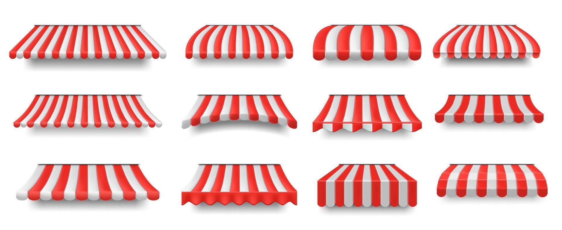 Store sunshade awning. Striped shop and cafe canopies, market stall covers with shadow isolated set vector