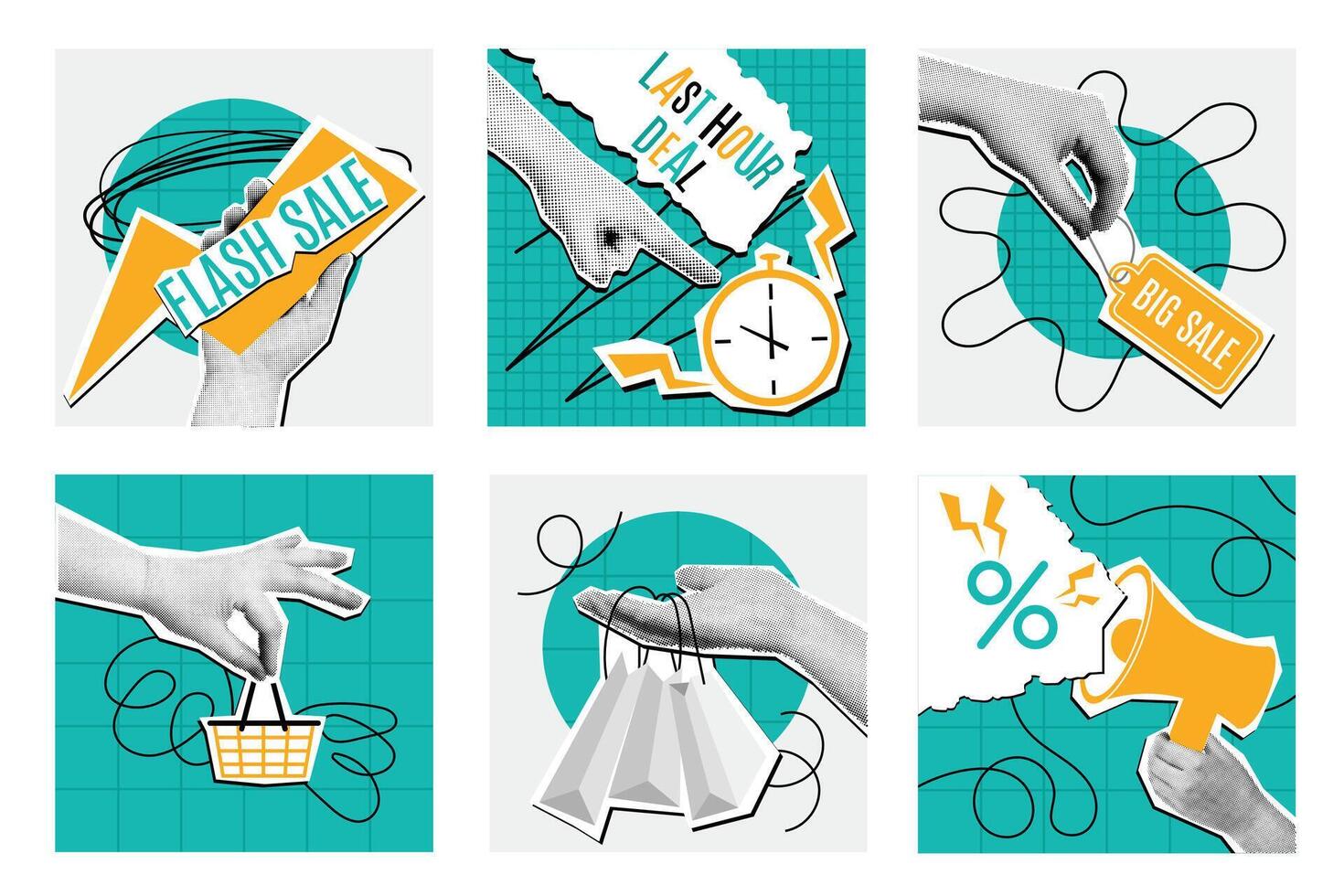 Halftone sale collage. Mixed media flash sale, last hour deal and discount announcement banners with pop art hand set. vector