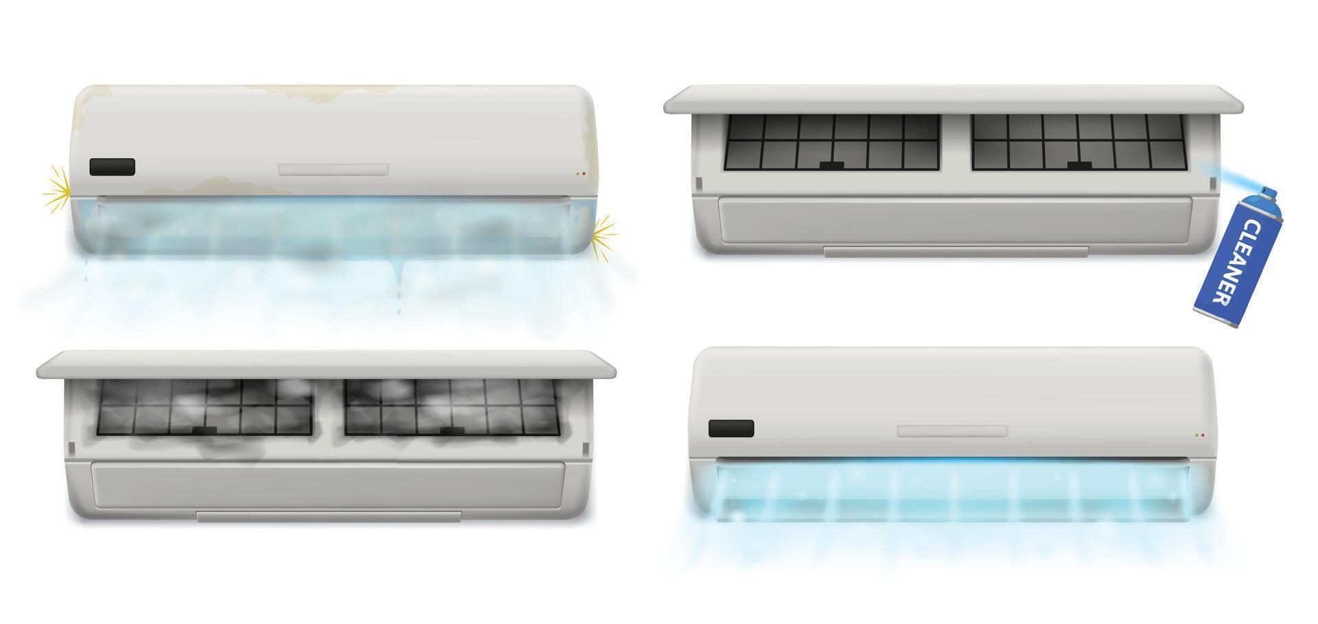 Air conditioner cleaning process. Dirty and clean air conditioner filters, before and after cleaning with cleaner spray. Maintenance air conditioners illustration vector