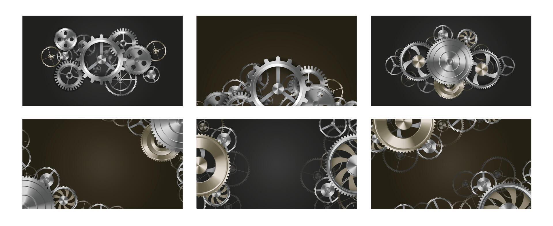 Gears 3d composition. Metal gears and cogs mechanism, mechanical steampunk frame and engineering, machinery or technology themed industrial background illustration. Business industrial concept vector